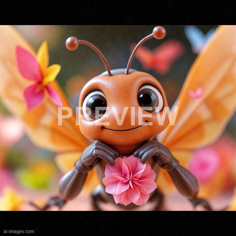 The image features a close-up of a cute, animated butterfly character with large, expressive eyes and a friendly smile. Its body is orange with a smooth texture, and it has delicate, semi-transparent orange wings adorned with pink flowers. The character is holding a pink flower beneath its chin, surrounded by a blurred background of vibrant, colorful flowers and bokeh, emphasizing a cheerful and whimsical atmosphere.